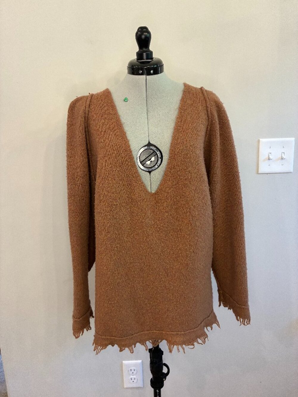 Free People Wool Blend Oversized Deep V-Neck Frayed Sweater | Size S
